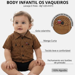 Body Bebê Os Vaqueiros Xadrez Laranja E Preto Manga Curta Ref: V20-41015