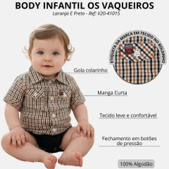 Body Bebê Os Vaqueiros Xadrez Medio Laranja E Preto Manga Curta Ref: V20-41015