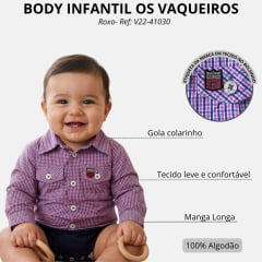 Body Bebê Os Vaqueiros Xadrez Roxo Manga Longa Ref: V22-41030