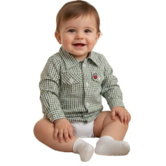 Body Bebê Os Vaqueiros Xadrez Verde Militar E Branco Manga Longa Ref: V22-41030
