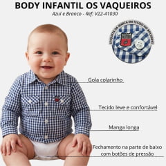 Body Bebê Xadrez Azul E Branco Os Vaqueiros Manga Longa - Ref: V22-41030