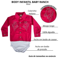 Body Infantil Baby Ranch Camisa Manga Longa Rosa Pink Com Bordado De Cavalo Strass Ref:105