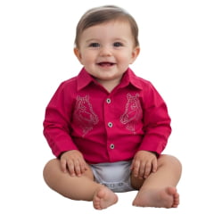 Body Infantil Baby Ranch Camisa Manga Longa Rosa Pink Com Bordado De Cavalo Strass Ref:105