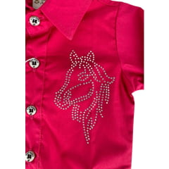 Body Infantil Baby Ranch Camisa Manga Longa Rosa Pink Com Bordado De Cavalo Strass Ref:105