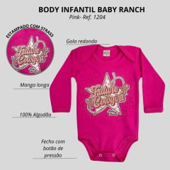 Body Feminino Baby Ranch Manga Longa Pink Com Brilho E Escrita Cowgirl Ref:1204