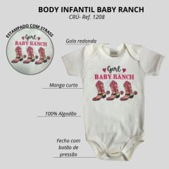 Body Feminino Infantil Baby Ranch Manga Curta Crú Com Desenho De Botas E Brilho Ref:1208