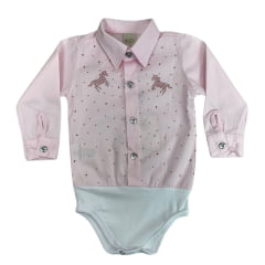 Body Feminino Infantil Baby Ranch Manga Longa Estilo Camisa Com Cavalos Brilhantes Ref:10-01