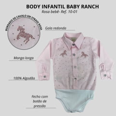 Body Feminino Infantil Baby Ranch Manga Longa Estilo Camisa Com Cavalos Brilhantes Ref:10-01