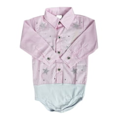 Body Feminino Infantil Baby Ranch Manga Longa Estilo Camisa Com Estrelas Em Strass Ref:1001