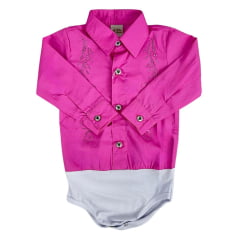 Body Feminino Infantil Baby Ranch Pink Manga Longa Estilo Camisa Com Arabescos Em Strass Ref:1001