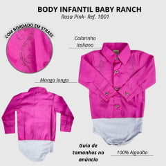 Body Feminino Infantil Baby Ranch Pink Manga Longa Estilo Camisa Com Arabescos Em Strass Ref:1001