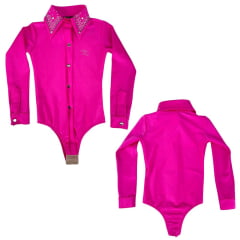 Body Infantil Feminino Top Country Rosa Manga Longa Com Colarinho e Logo Em Strass