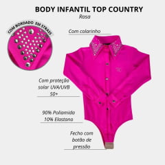 Body Infantil Feminino Top Country Rosa Manga Longa Com Colarinho e Logo Em Strass