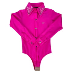 Body Infantil Feminino Top Country Rosa Manga Longa Com Colarinho e Logo Em Strass