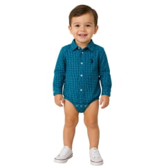 Body Infantil Baby Austin Western Manga Longa Estilo Camisa Azul Royal Liso Com Logo Azul Marinho Body Infantil Baby Austin Western Manga Longa Estilo Camisa Azul Royal Liso Com Logo Azul Marinho
