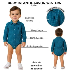 Body Infantil Baby Austin Western Manga Longa Estilo Camisa Azul Royal Liso Com Logo Azul Marinho
