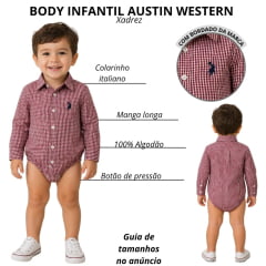 Body Infantil Baby Austin Western Manga Longa Estilo Camisa Bordô Com Logo Azul Marinho