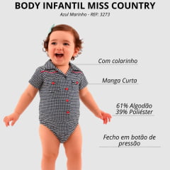 Body Infantil Baby Miss Country Modelo Camisa Manga Curta Azul Marinho/Branco Ref: 3273