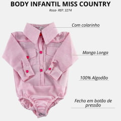 Body Infantil Baby Miss Country Modelo Camisa Manga Longa Rosa com Botões Rosa Ref: 3274