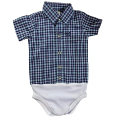 Body Infantil Baby Ranch Camisa Manga Curta Xadrez Azul Marinho Branco E Azul Claro REF4002