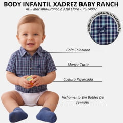 Body Infantil Baby Ranch Camisa Manga Curta Xadrez Azul Marinho Branco E Azul Claro REF4002