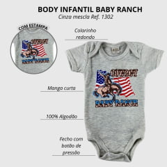 Body Infantil Baby Ranch Cinza Mescla Manga Curta Com Desenho De Cowboy Ref:1302