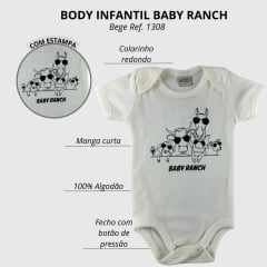 Body Infantil Baby Ranch Crú (Pérola) Manga Curta Com Desenho De Bichos De Óculos Ref:1308