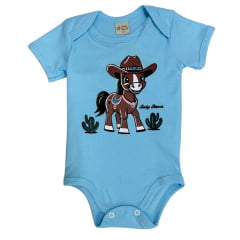 Body Infantil Baby Ranch De Malha Azul BB Com Cavalo Ref:1107