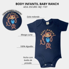 Body infantil Baby Ranch De Malha Azul Com Desenho De Chapéu Cowboy Ref:1101