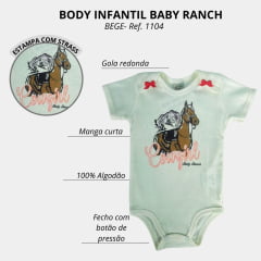 Body Infantil Baby Ranch De Malha Crú Com  Desenho De Cavalo Cowgirl Ref:1104