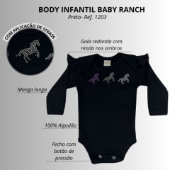 Body Infantil Baby Ranch De Malha Manga Longa Preto Com Brilhos Ref: 1203