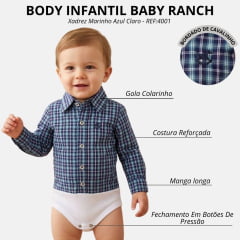 Body Infantil Baby Ranch Estilo Camisa Manga Longa Xadrez Marinho Azul Claro Logo Marinho REF:4001