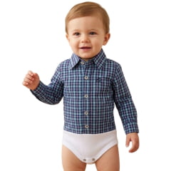 Body Infantil Baby Ranch Estilo Camisa Manga Longa Xadrez Marinho Azul Claro Logo Marinho REF:4001