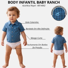 Body Infantil Baby Ranch Estilo Camisa Manga Curta Xadrez Azul/Azul Royal REF:4002