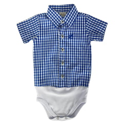Body Infantil Baby Ranch Estilo Camisa Manga Curta Xadrez Azul Bic E Branco Com Logo Bordado Ref:4002