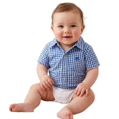 Body Infantil Baby Ranch Estilo Camisa Manga Curta Xadrez Azul Bic E Branco Com Logo Bordado Ref:4002