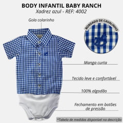 Body Infantil Baby Ranch Estilo Camisa Manga Curta Xadrez Azul Bic E Branco Com Logo Bordado Ref:4002