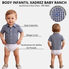 Body Infantil Baby Ranch Estilo Camisa Manga Curta Xadrez Azul/Cinza E Azul Claro REF:4002
