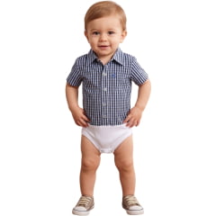 Body Infantil Baby Ranch Estilo Camisa Manga Curta Xadrez Azul/Cinza E Azul Claro REF:4002