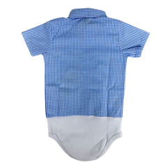 Body Infantil Baby Ranch Estilo Camisa Manga Curta Xadrez Azul Claro E Branco Ref:4002