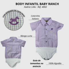 Body Infantil Baby Ranch Estilo Camisa Manga Curta Xadrez Lilás E Branco Ref:4002