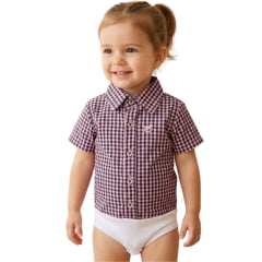 Body Infantil Baby Ranch Estilo Camisa Manga Curta Xadrez Preto/Rosa REF:4002