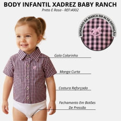 Body Infantil Baby Ranch Estilo Camisa Manga Curta Xadrez Preto/Rosa REF:4002