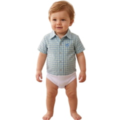Body Infantil Baby Ranch Estilo Camisa Manga Curta Xadrez Verde Claro/Azul E Branco REF:4002
