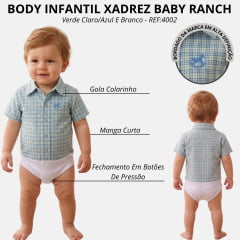 Body Infantil Baby Ranch Estilo Camisa Manga Curta Xadrez Verde Claro/Azul E Branco REF:4002