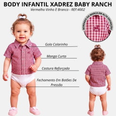 Body Infantil Baby Ranch Estilo Camisa Manga Curta Xadrez Vermelho Vinho E Branco REF:4002