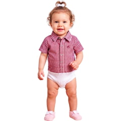 Body Infantil Baby Ranch Estilo Camisa Manga Curta Xadrez Vermelho Vinho E Branco REF:4002