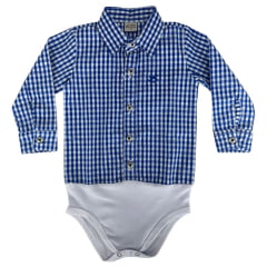 Body Infantil Baby Ranch Estilo Camisa Manga Longa Xadrez Azul Bic Branco Com Logo Bordado Ref:4001