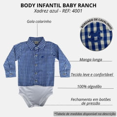 Body Infantil Baby Ranch Estilo Camisa Manga Longa Xadrez Azul Bic Branco Com Logo Bordado Ref:4001