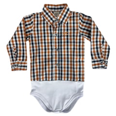 Body Infantil Baby Ranch Estilo Camisa Manga Longa Xadrez Azul/Branco/ Marrom Terra Com Logo Bordado Caramelo Ref:4001
